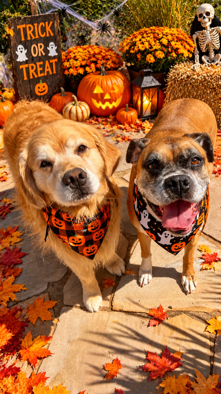 Golden Retriever and Boxer celebrating Halloween with festive pumpkins at Superior Pet Service, providing personalized pet care in Firestone, CO.