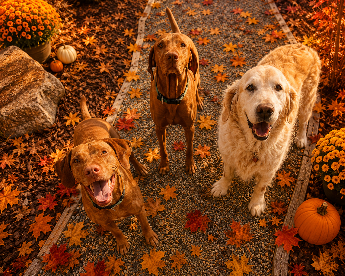 Happy dogs enjoying a professional fall dog walk in Erie, Colorado