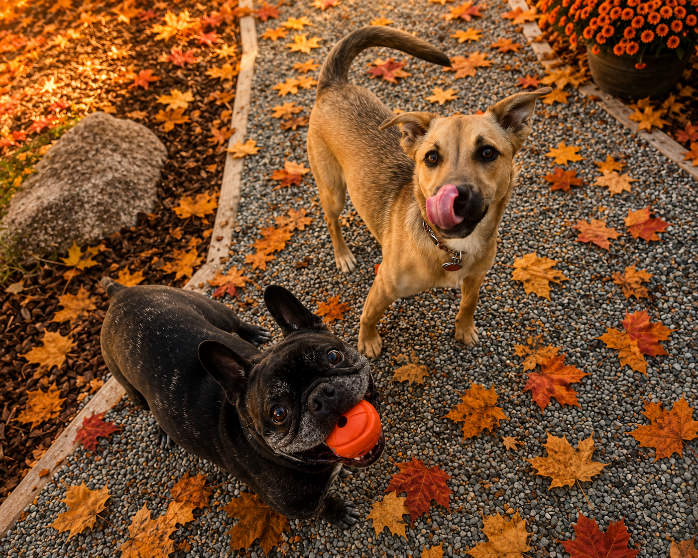 Dogs walking on a Colorado trail surrounded by colorful fall leaves