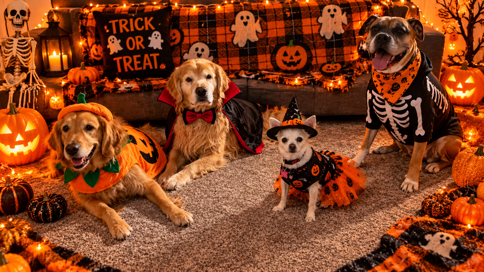 Four dogs dressed as a pumpkin, vampire, witch, and skeleton surrounded by Halloween decorations, showcasing homestyle dog boarding at Superior Pet Service serving Frederick, CO.