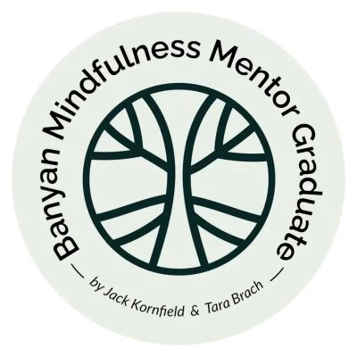 Logo for Barnyan Mindfulness Mentor Graduate, featuring a stylized tree with interconnected branches and circular text around it reading 'Barnyan Mindfulness Mentor Graduate by Jack Kornfield & Tara Brach.'