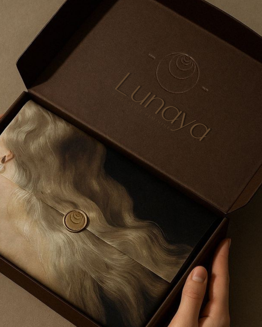 Une boîte marron contenant une pièce de bijoux en or personnalisée avec un design abstrait de marbre beige et noir, portant le nom 'Lunaya'.