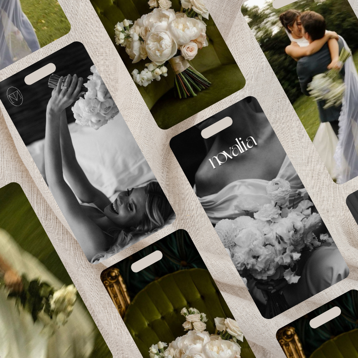 Collage de photos de mariage et de fleurs, incluant des mariés, un bouquet, et un panneau avec le nom 'Norealia'.