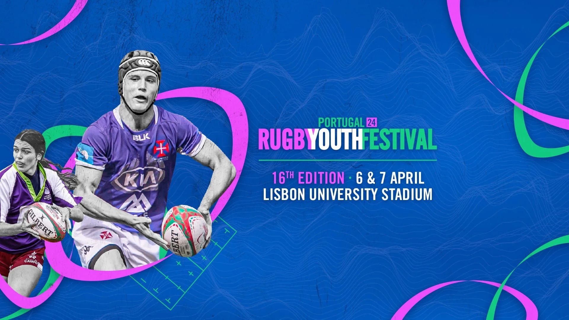 Promotional graphic for Portugal Rugby Youth Festival featuring rugby players, event details including 16th edition on April 6 and 7 at Lisbon University Stadium.