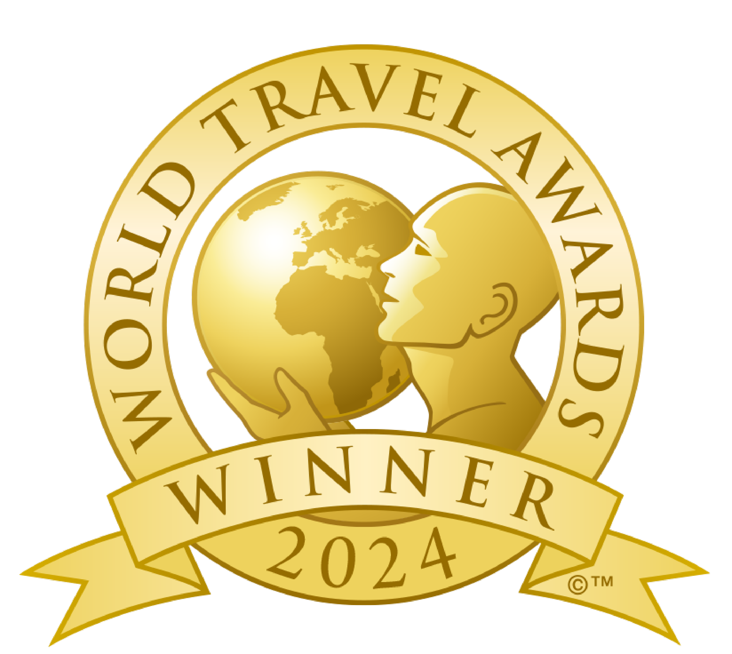 Gold travel award emblem featuring a woman’s face kissing a globe with the words "World Travel Awards" above, "Winner 2024" on a banner below.