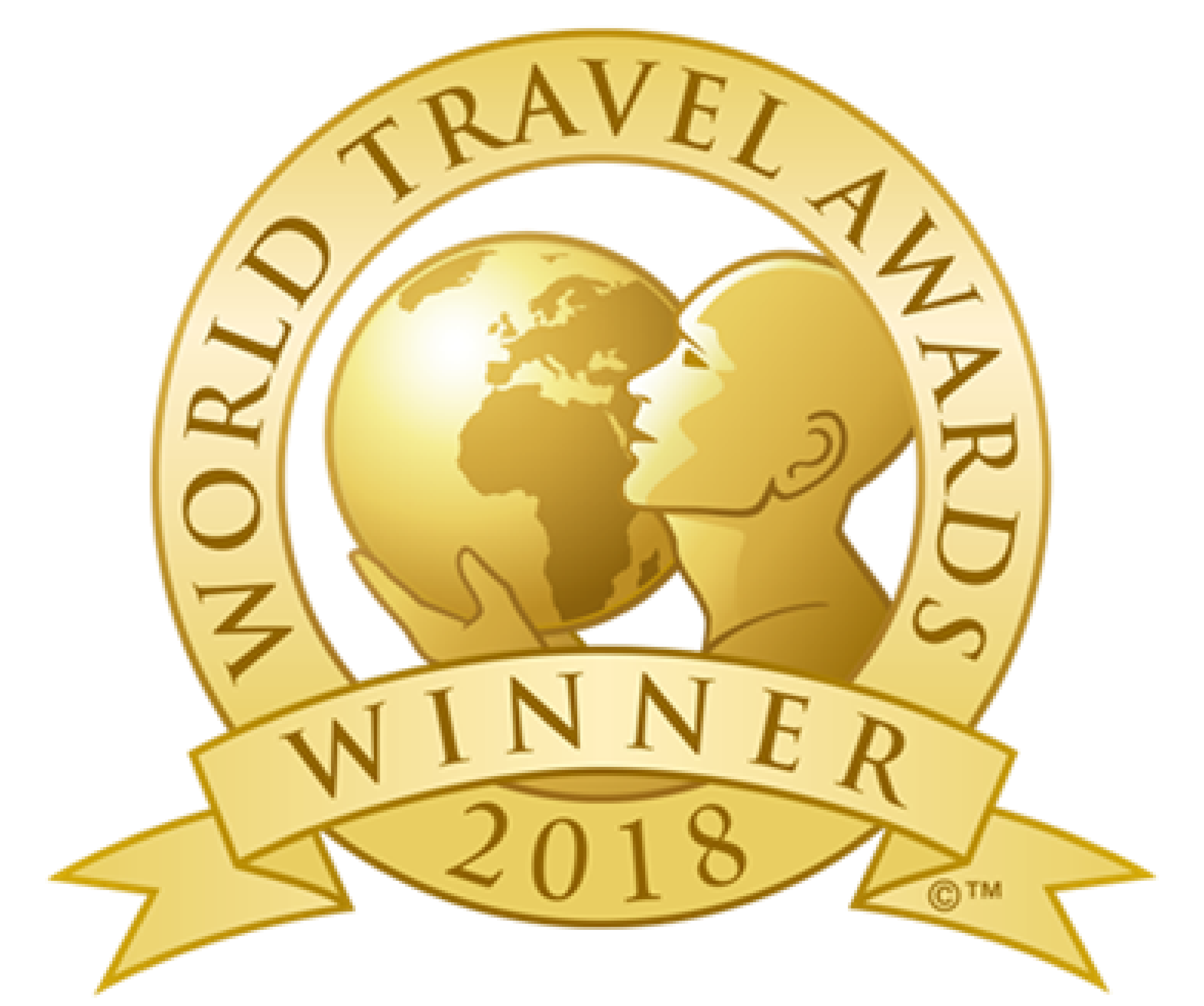 Gold medal with the inscription 'World Travel Awards' around a globe and a profile of a woman's face, with a banner reading 'Winner 2018' at the bottom.