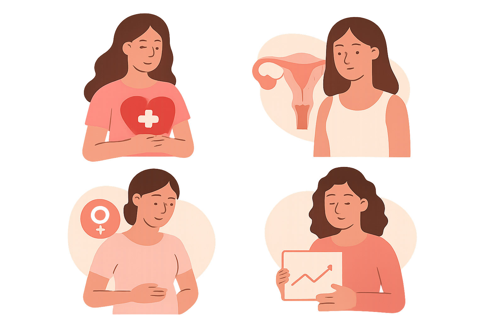 Illustration of four women with medical and health symbols. One holding a heart with a medical cross, another with a reproductive system diagram, another with a female reproductive health icon, and the fourth holding a graph showing growth.