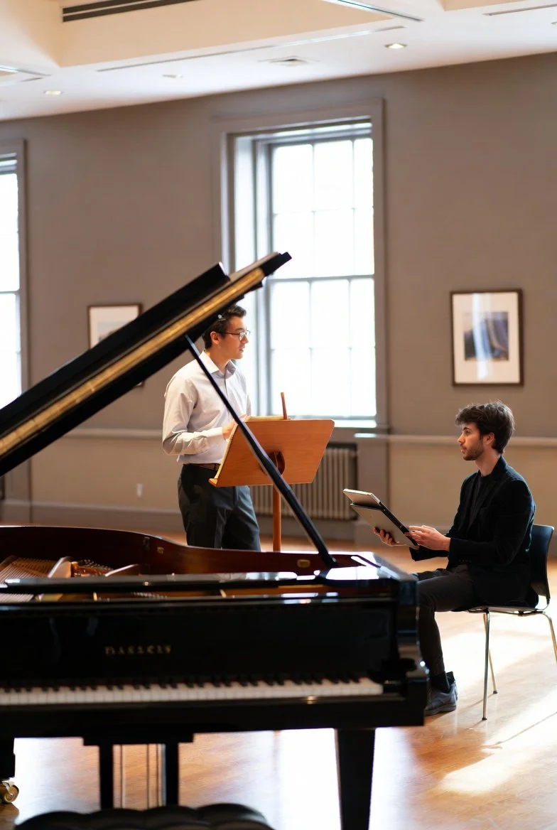 Dos músicos en una sala, uno tocando el piano y el otro sosteniendo una partitura.