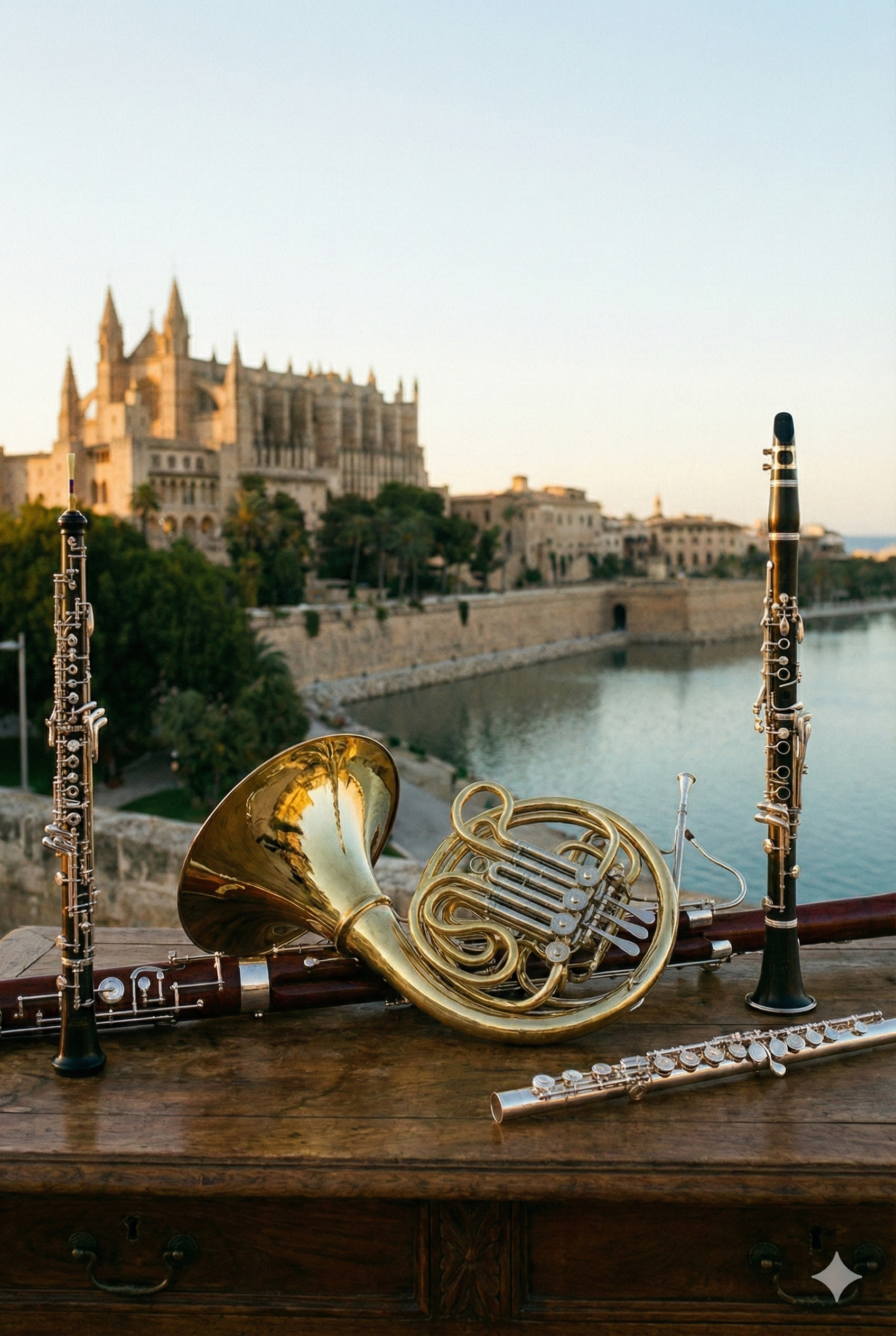 Instrumentos musicales de viento, como clarinetes, una flauta, un corno francés y un serpentón, sobre una mesa de madera al aire libre con un castillo en el fondo y un cuerpo de agua cercano.