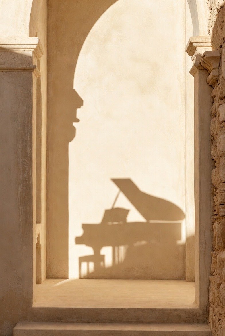 Sombras de un piano de cola proyectadas en una pared en un pasillo con muros de piedra y acabados de yeso.