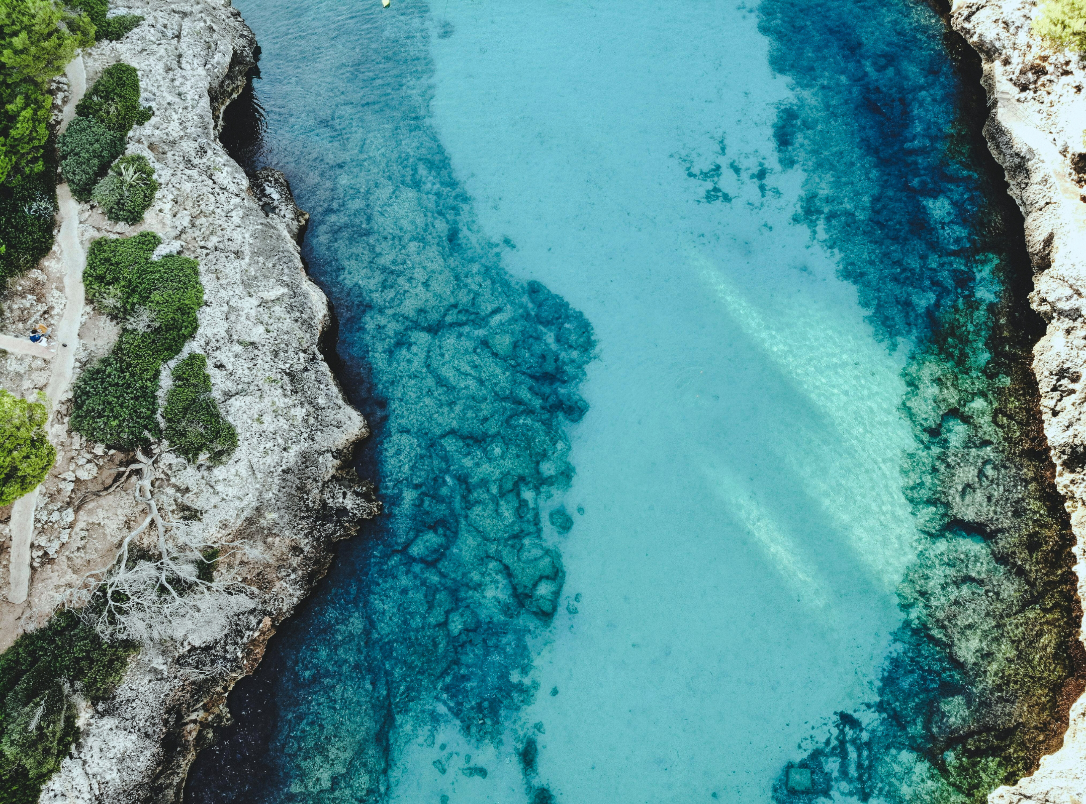 Vista aérea de un cuerpo de agua azul clara rodeado de rocas y vegetación