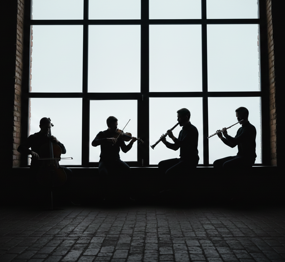 Cuatro músicos tocando instrumentos de cuerda y viento frente a una ventana grande