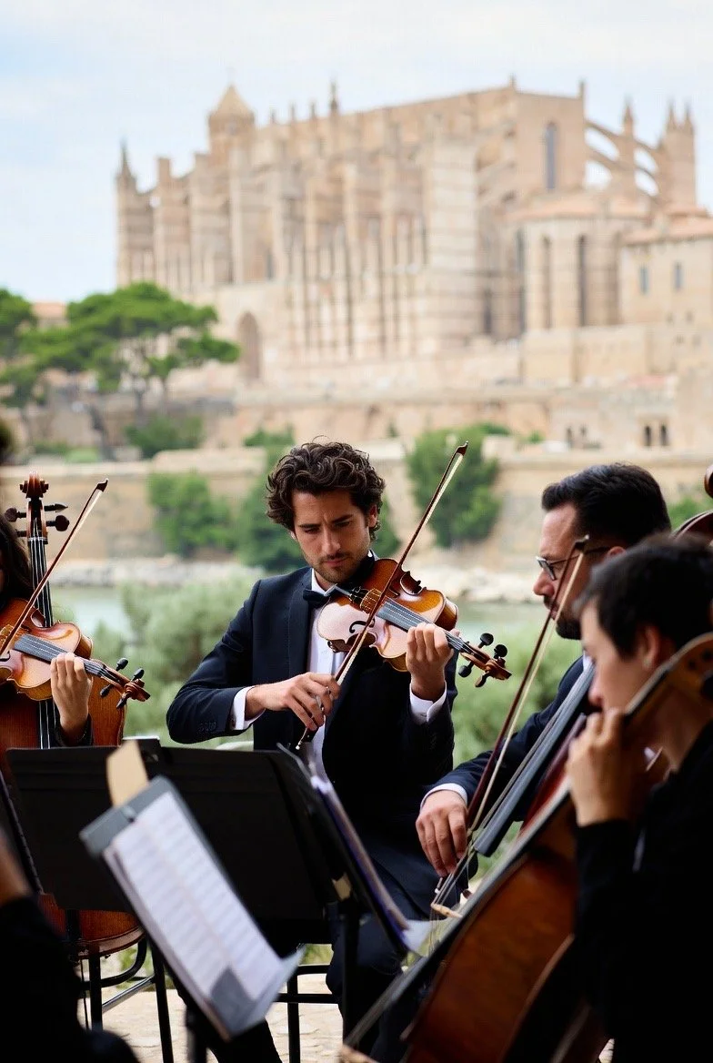 Orquesta tocando violines al aire libre con un castillo en el fondo.