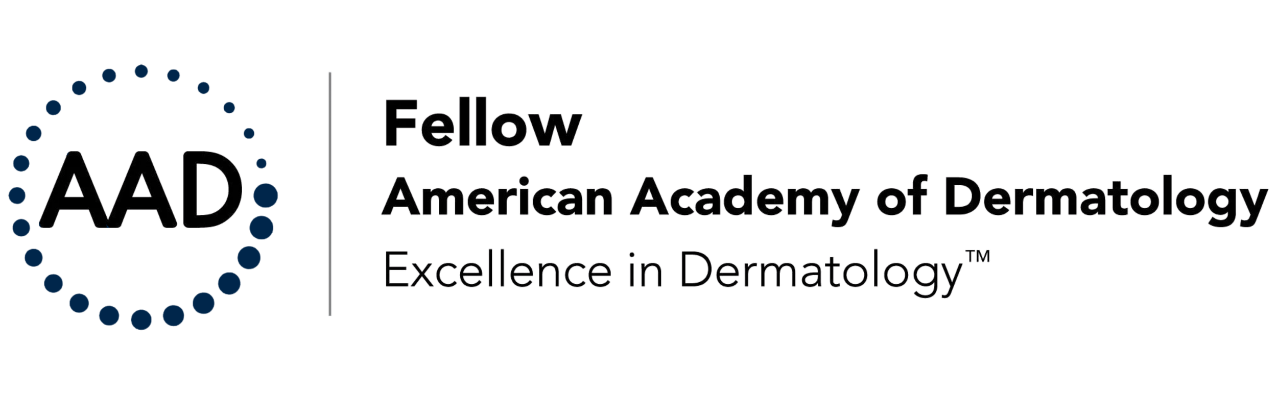 Logo of the American Academy of Dermatology with text 'Fellow American Academy of Dermatology Excellence in Dermatology'.