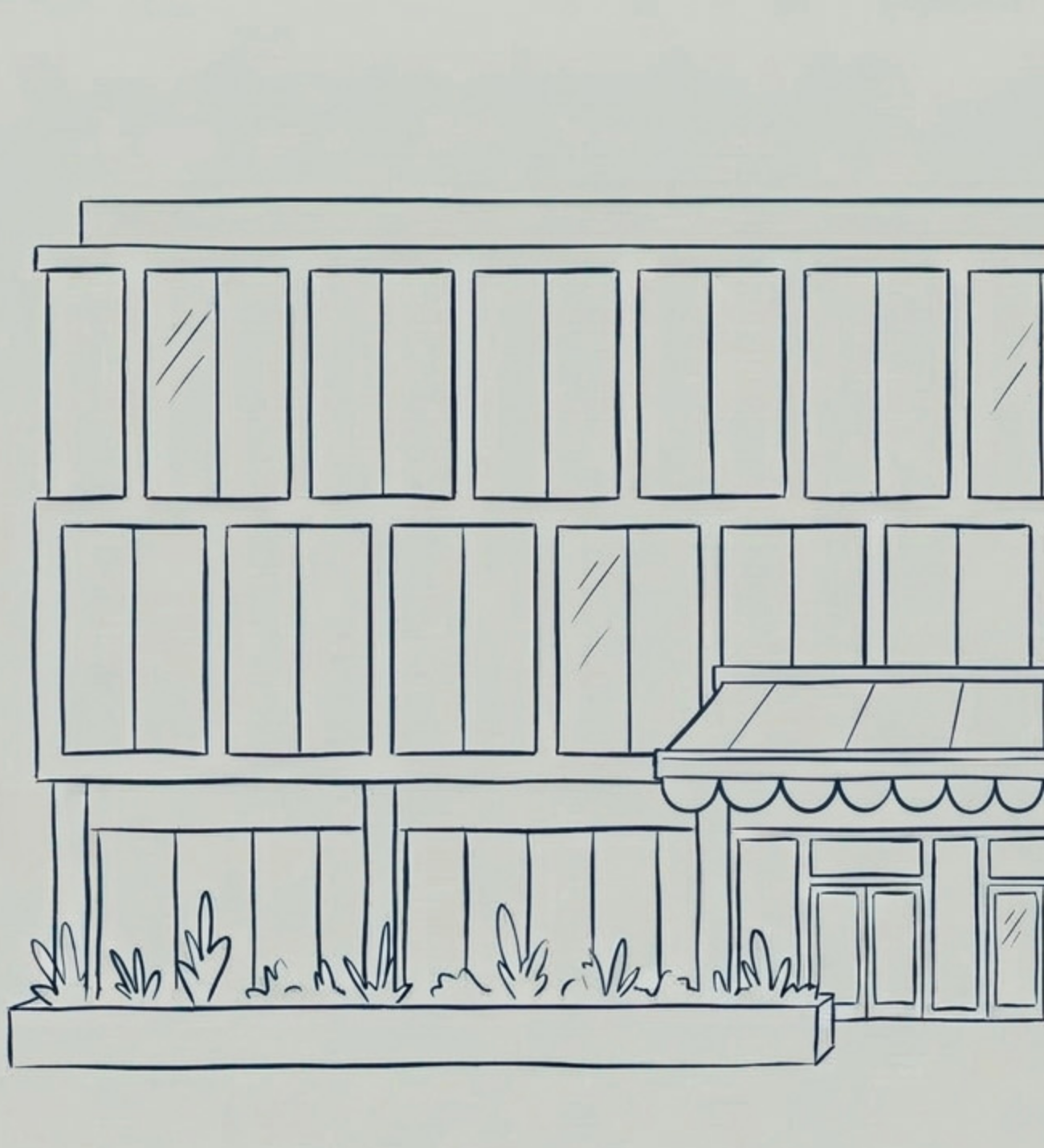 Line drawing of a multi-story building with large windows, a small awning over the entrance, and a garden bed with plants in front.