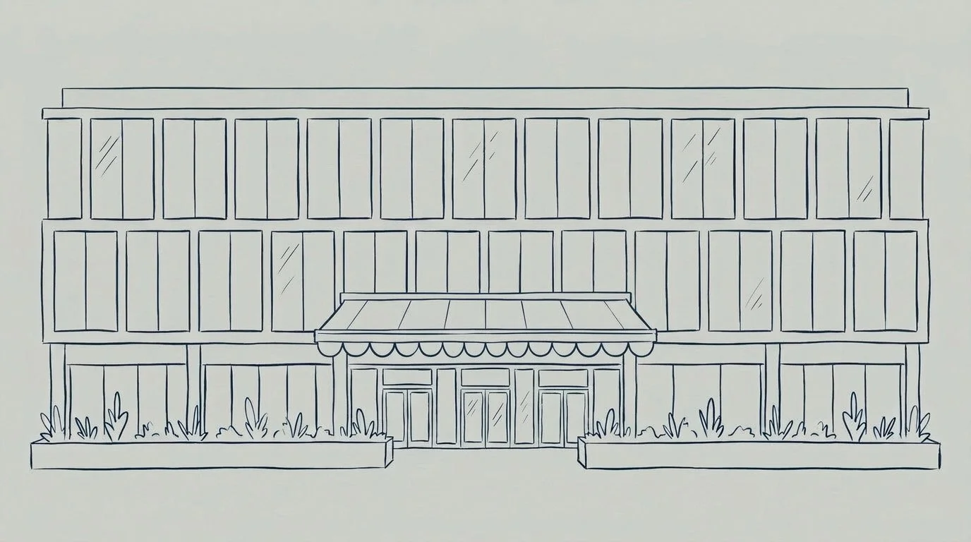 Line drawing of a three-story building with large windows, a central entrance with double doors, a canopy, and landscaped areas with plants in front.