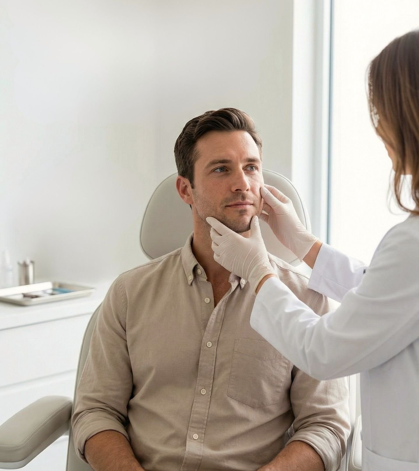 A man sitting in a medical examination chair having his face examined by a healthcare professional wearing gloves.