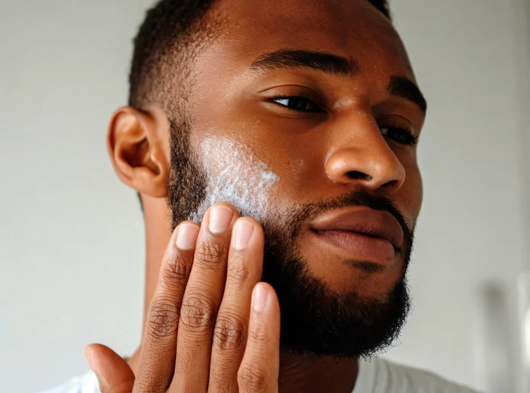 Man applying shaving cream to his cheek.