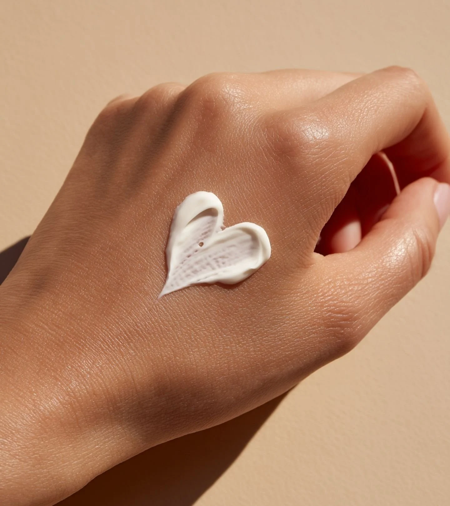 A hand with a heart-shaped dollop of white lotion on the top of it.
