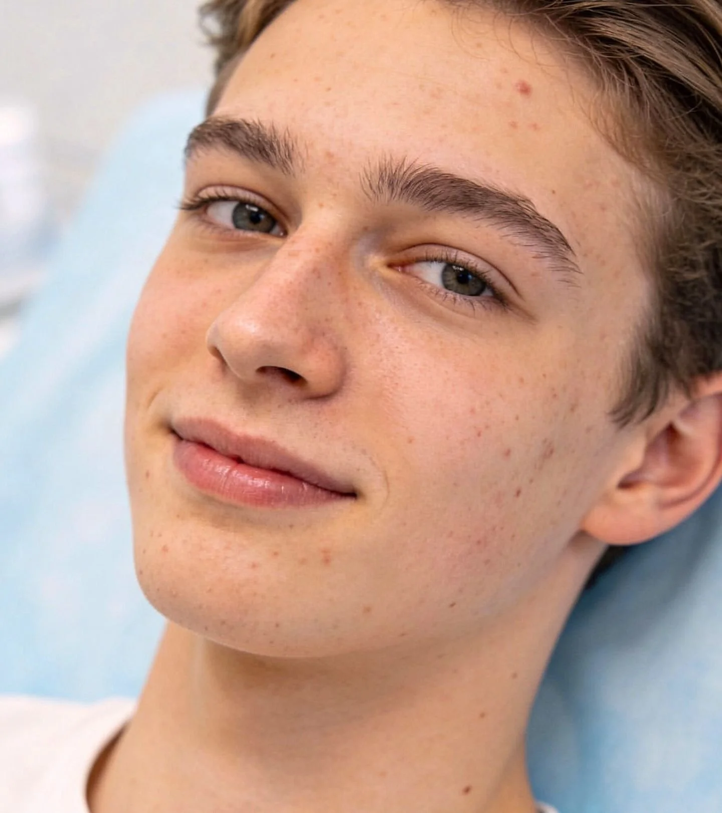 Close-up of a young person with fair skin and freckles, lying on a medical bed, looking at the camera with a slight smile.
