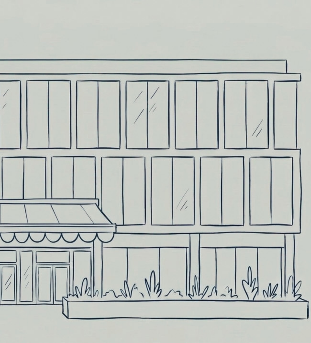 A line drawing of a two-story building with large windows and a small garden in front.