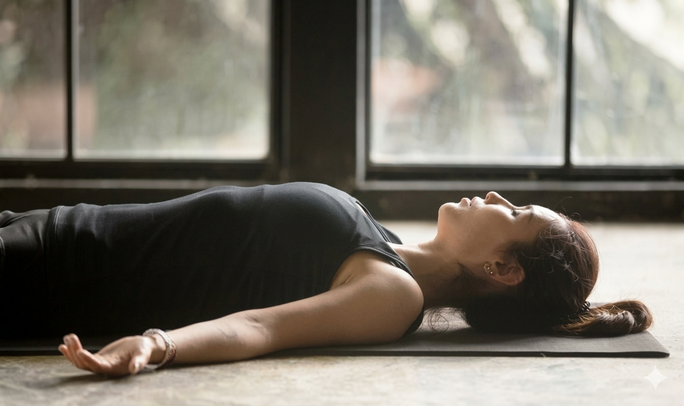 Photo d'une femme apaisée allongée les yeux fermés pendant une séance de sophrologie, pratique de la relaxation et de la pleine conscience