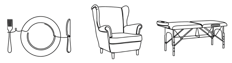 illustration une assiette, un fauteuil confortable et une table de massages, logo d'une praticienne de bien-être