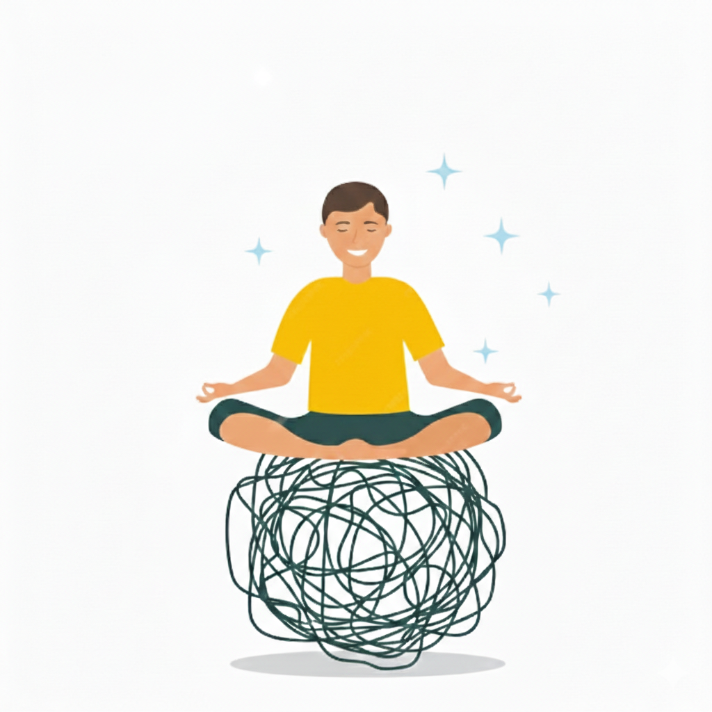 Illustration homme détendu et serein assis sur un sac de nœuds, gestion des  émotions dans moment difficile, apaisement face aux angoisses, stress, phobies grâce à la pratique de la sophrologie