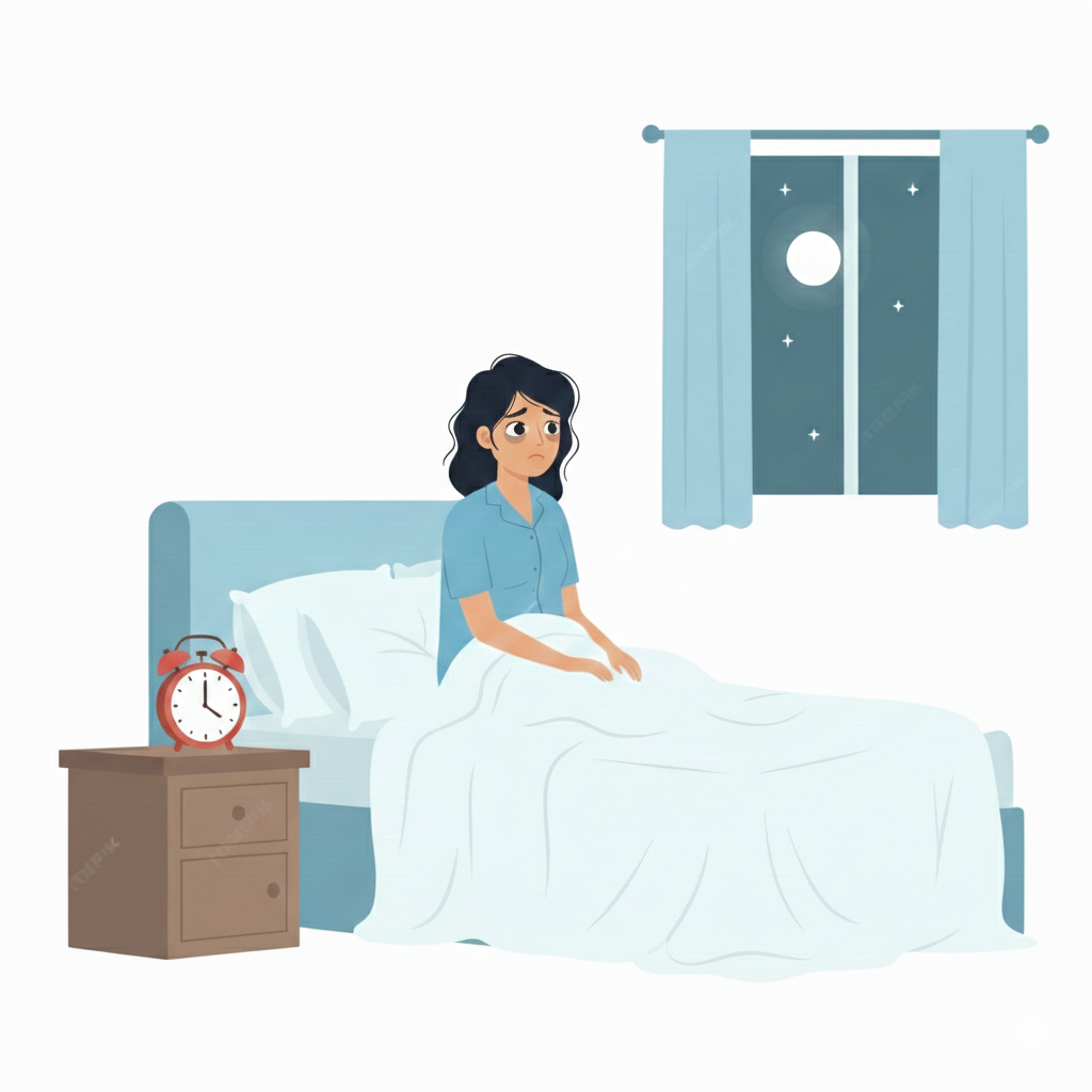 Illustration d'une femme assise sur son lit la nuit, à cause d'une insomnie ou d'une trouble du sommeil, anxiété nocturne, réveil nocturne, cauchemar.