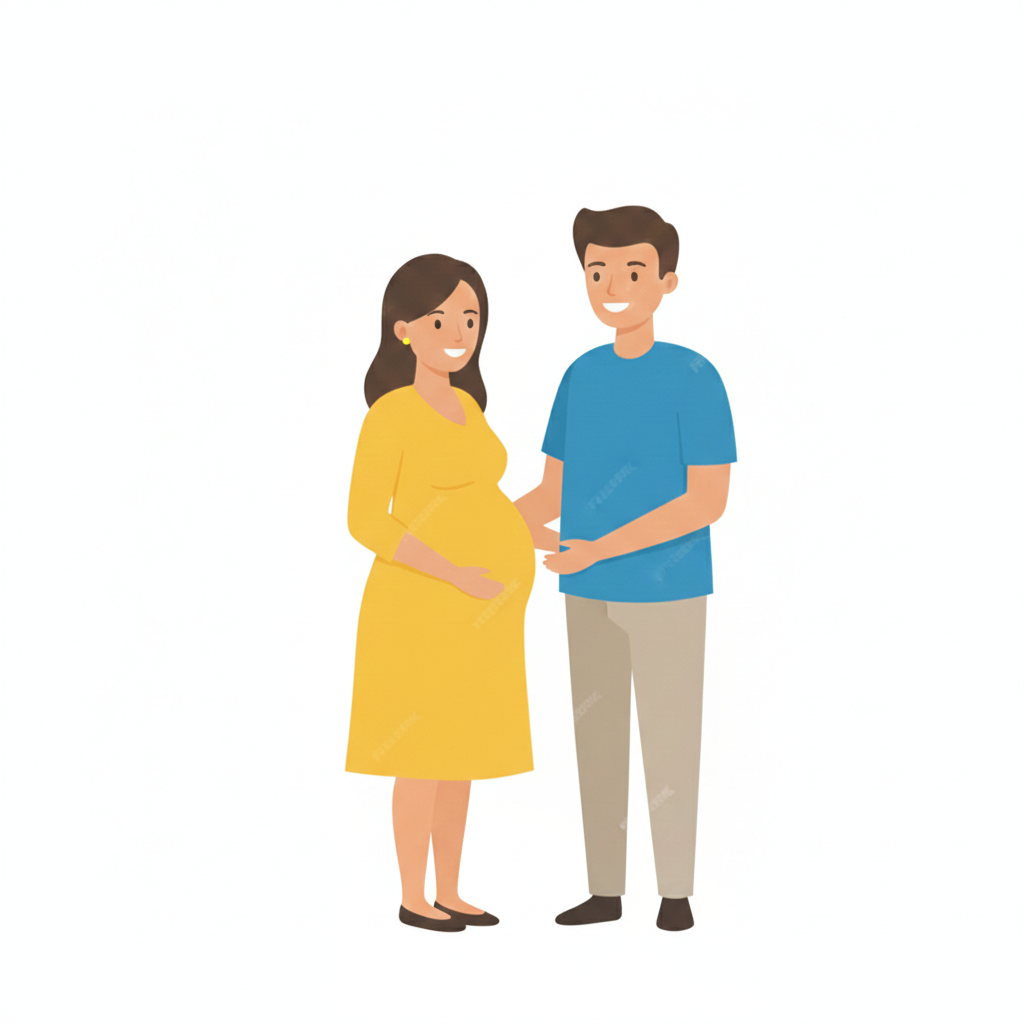 Illustration d'un couple avec une femme enceinte, préparation à la grossesse, à l'accouchement et aux évènements de la vie