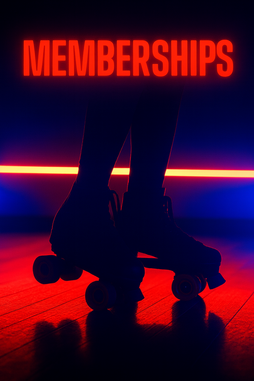 Silhouette of a person wearing roller skates standing in front of a neon sign that reads 'MEMBERSHIPS' in bright red letters.