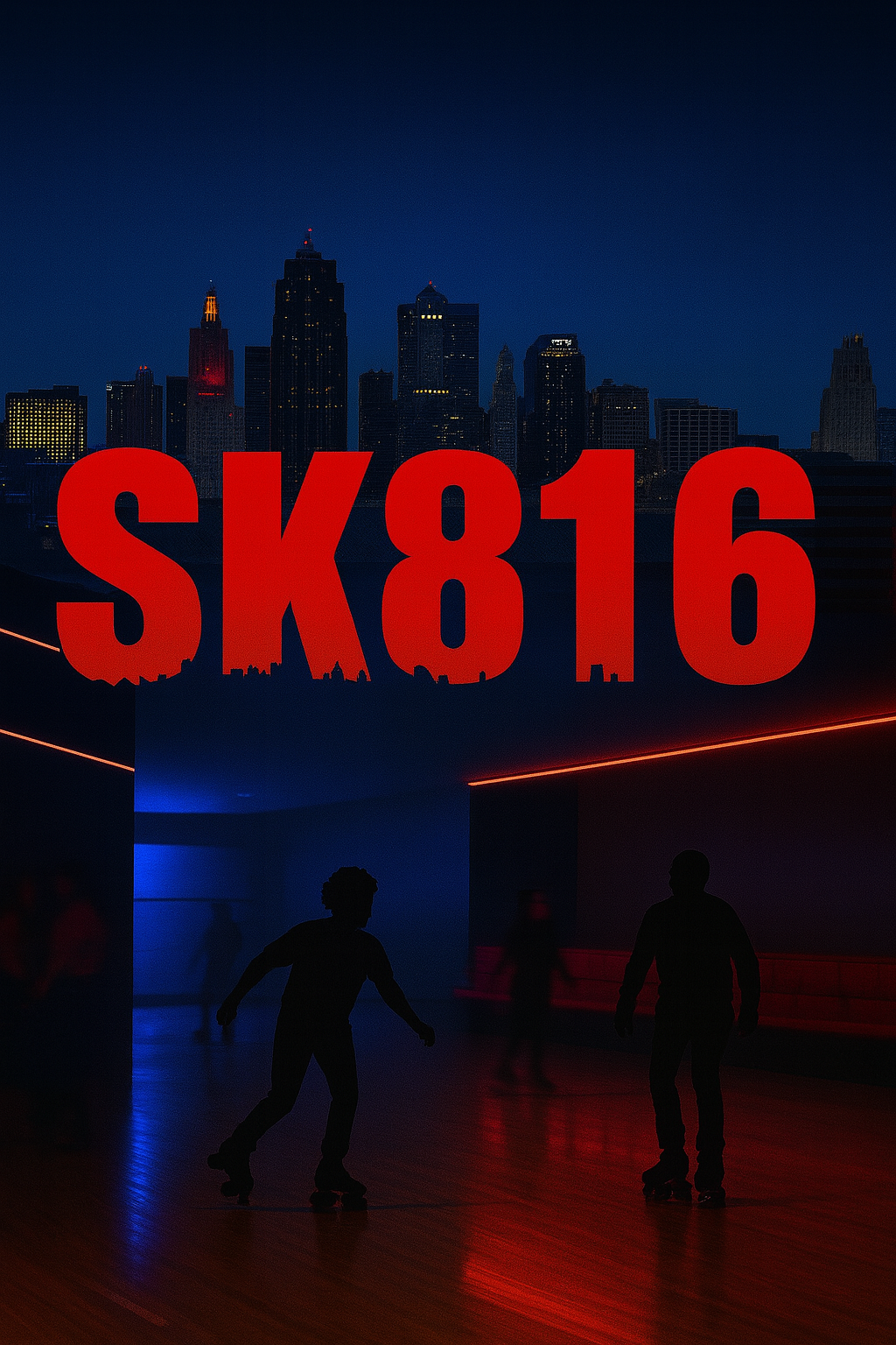 Dark indoor skating rink with silhouettes of people skating and a large red sign with 'SK816' against a city skyline at night.