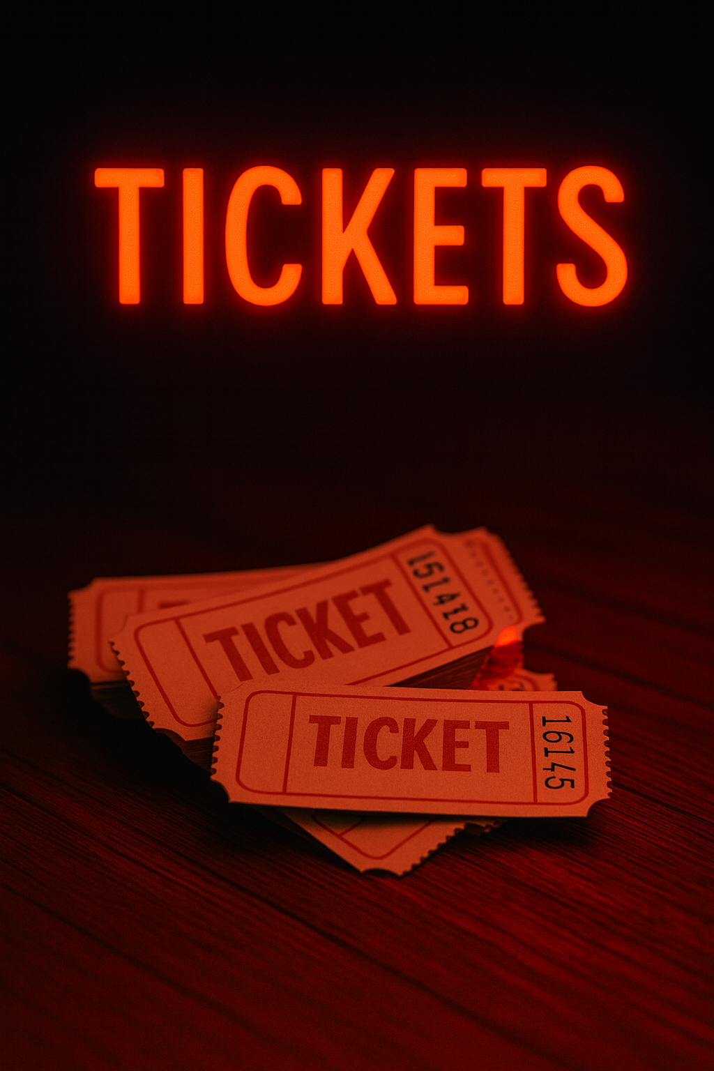 Bright red illuminated sign reads 'TICKETS'; several paper tickets are scattered on a dark wood surface below the sign.