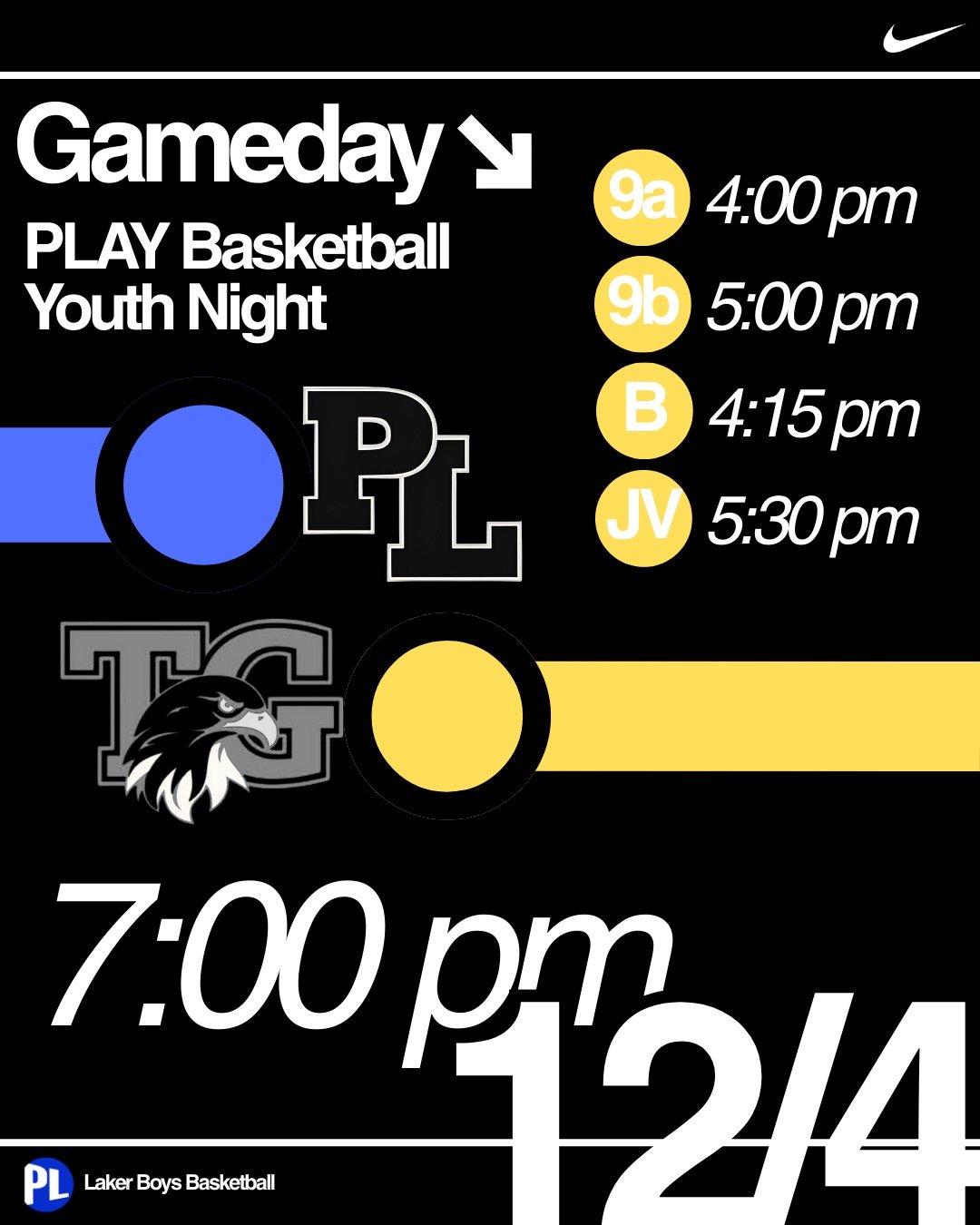 Game 2 of the season tonight at 7 pm! It's P.L.A.Y Youth Night - youth basketball players wearing PL jerseys get in free. 

We're battling the #1 team in MN AAA basketball, Totino Grace. Expect dunks, energy, high-level shotmaking, and a hyper compet