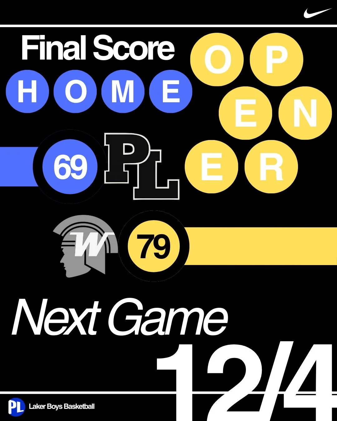 Final score: Wayzata 79, Prior Lake 69. Tough loss, but we'll be back in the gym Thursday night vs Totino Grace for P.L.A.Y Youth Basketball Night!