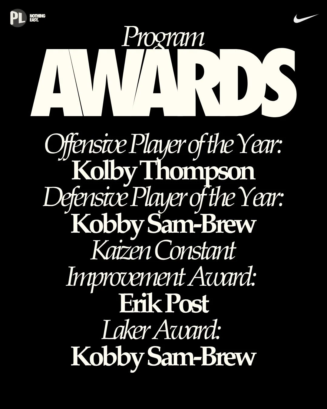 Selected by coaches and teammates, the Laker program is honored to celebrate the following player awards:

Kolby Thompson - Offensive player of the year

Kobby Sam-Brew - Defensive player of the year

Erik Post - Kaizen Constant Improvement Award

Ko