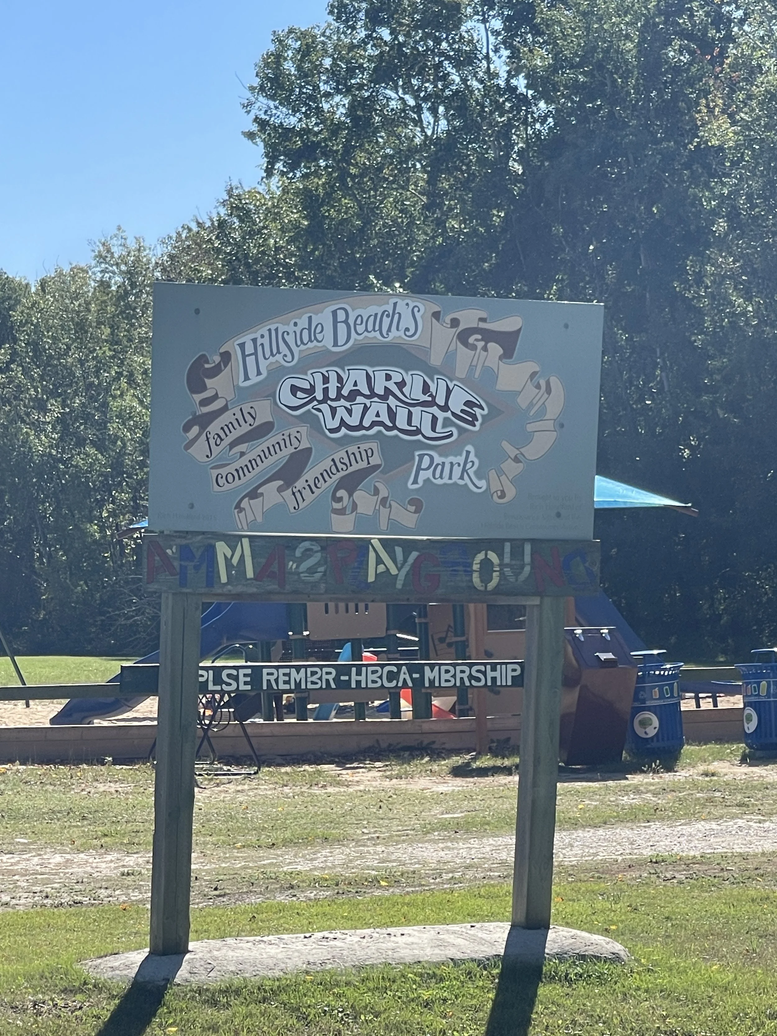 Charlie Wall Park in Hillside Beach with playground, picnic shelter, soccer fields, basketball court, baseball diamond.