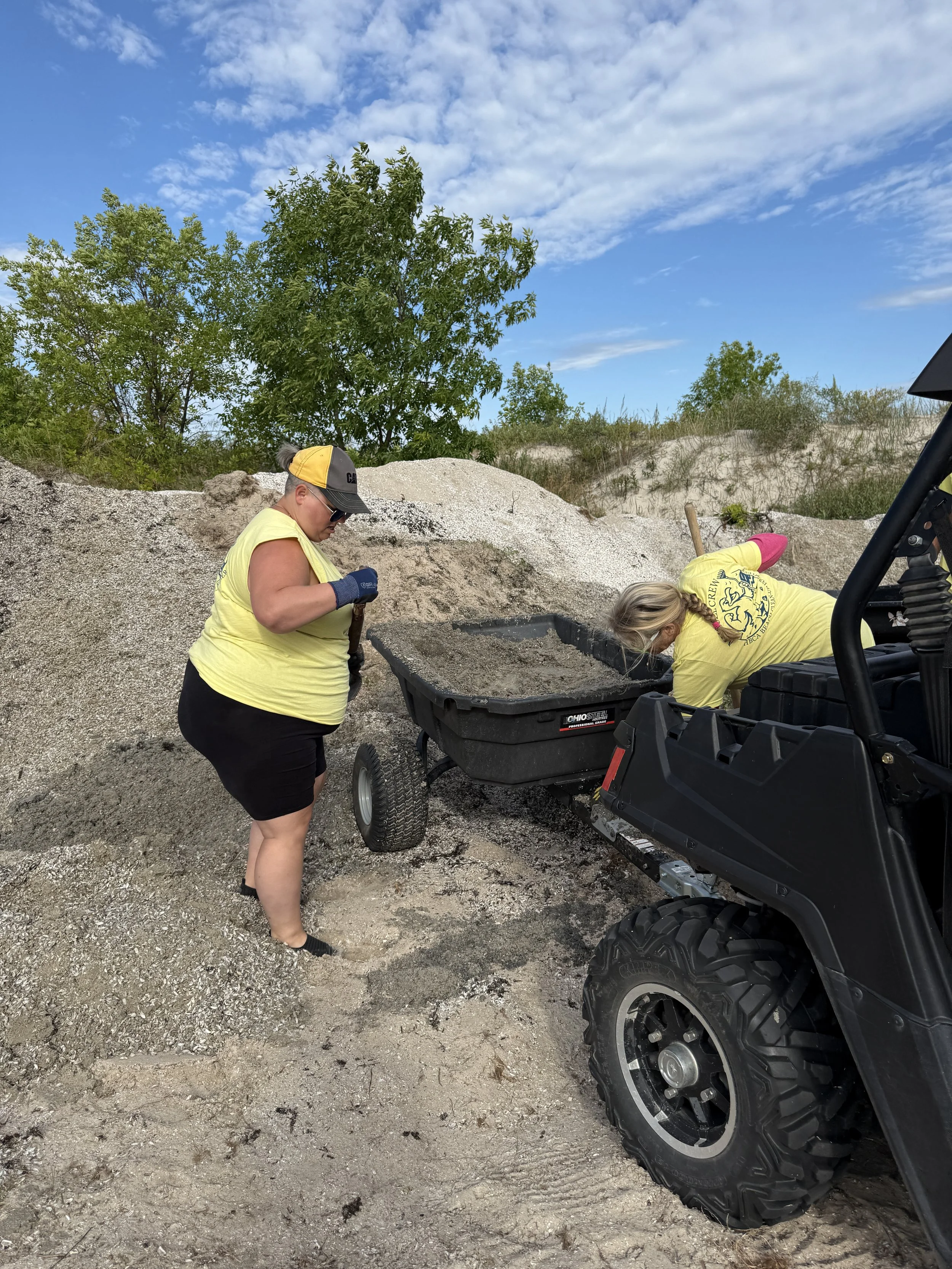 Two women in yellow shirts working with a wheelbarrow filled with sand or gravel outdoors on a partly cloudy day.