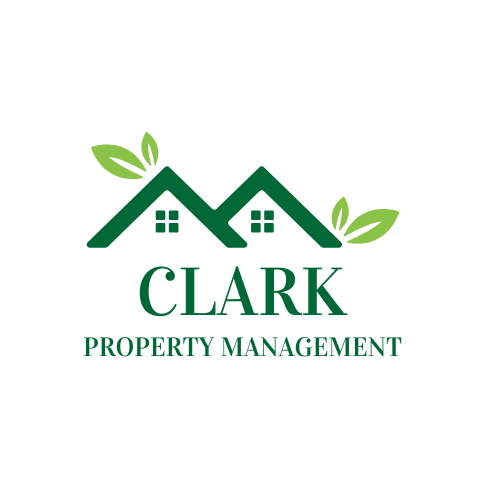 Logo for Clark Property Management featuring two stylized houses with green leaves.