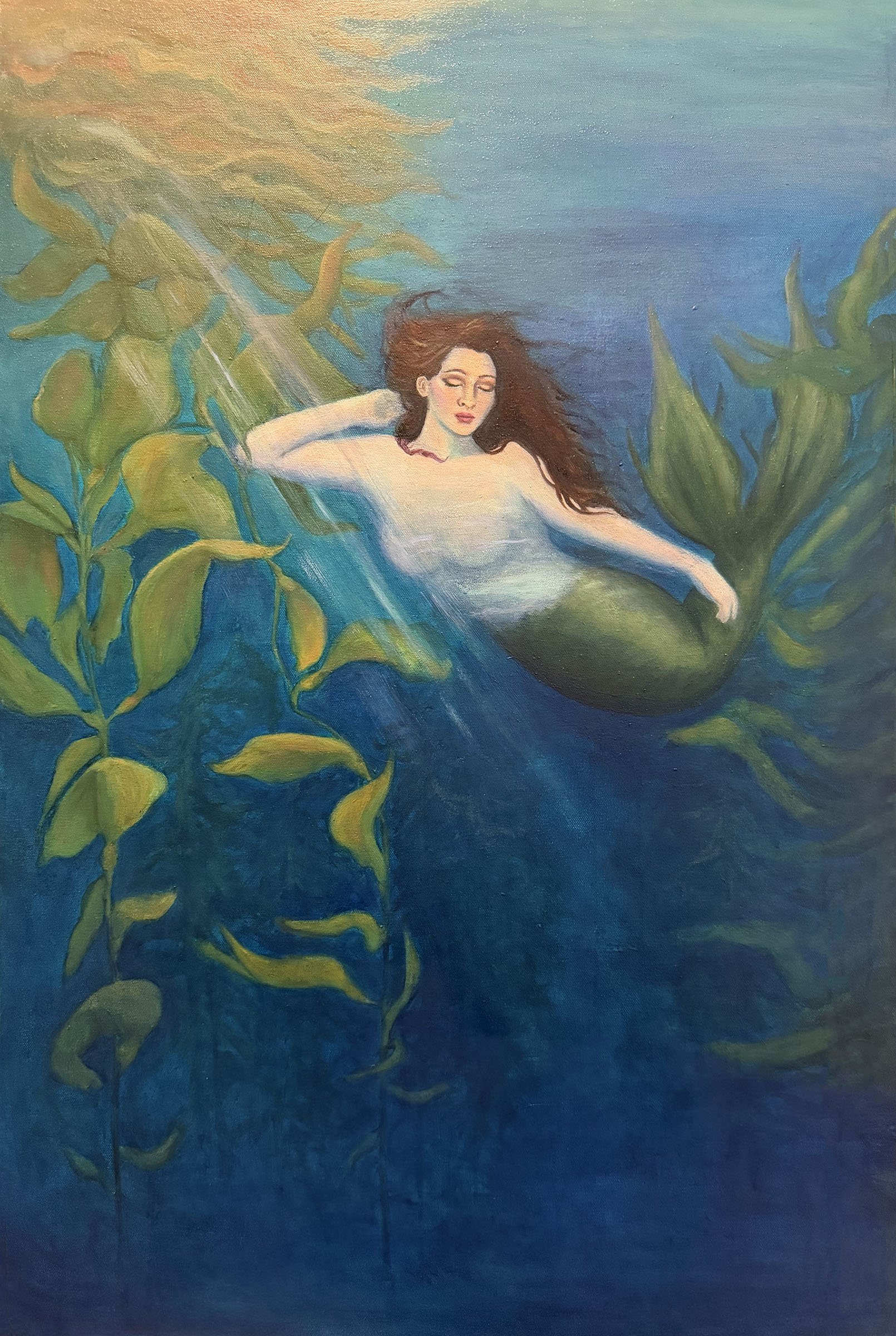 "Held Beneath The Light" 24 x36 Oil on Canvas Light moves beneath the surface, revealing in silence a presence held between depth and illumination 