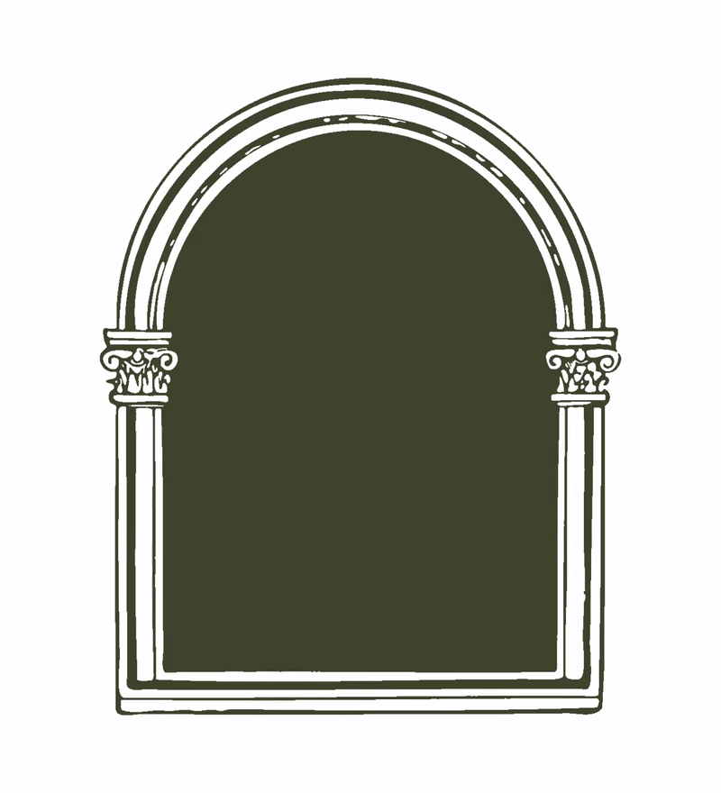 Minimal arched frame design used for digital welcome signage, featuring a tall architectural silhouette inspired by modern event displays.