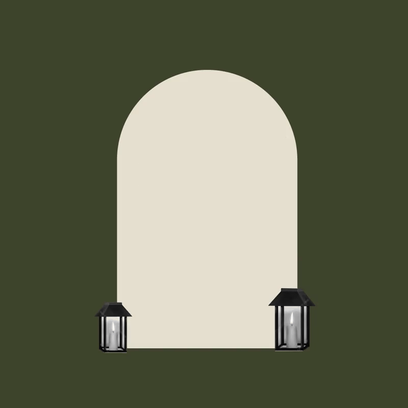 Arched digital welcome display styled with lantern accents, designed to blend architectural framing with modern event signage.