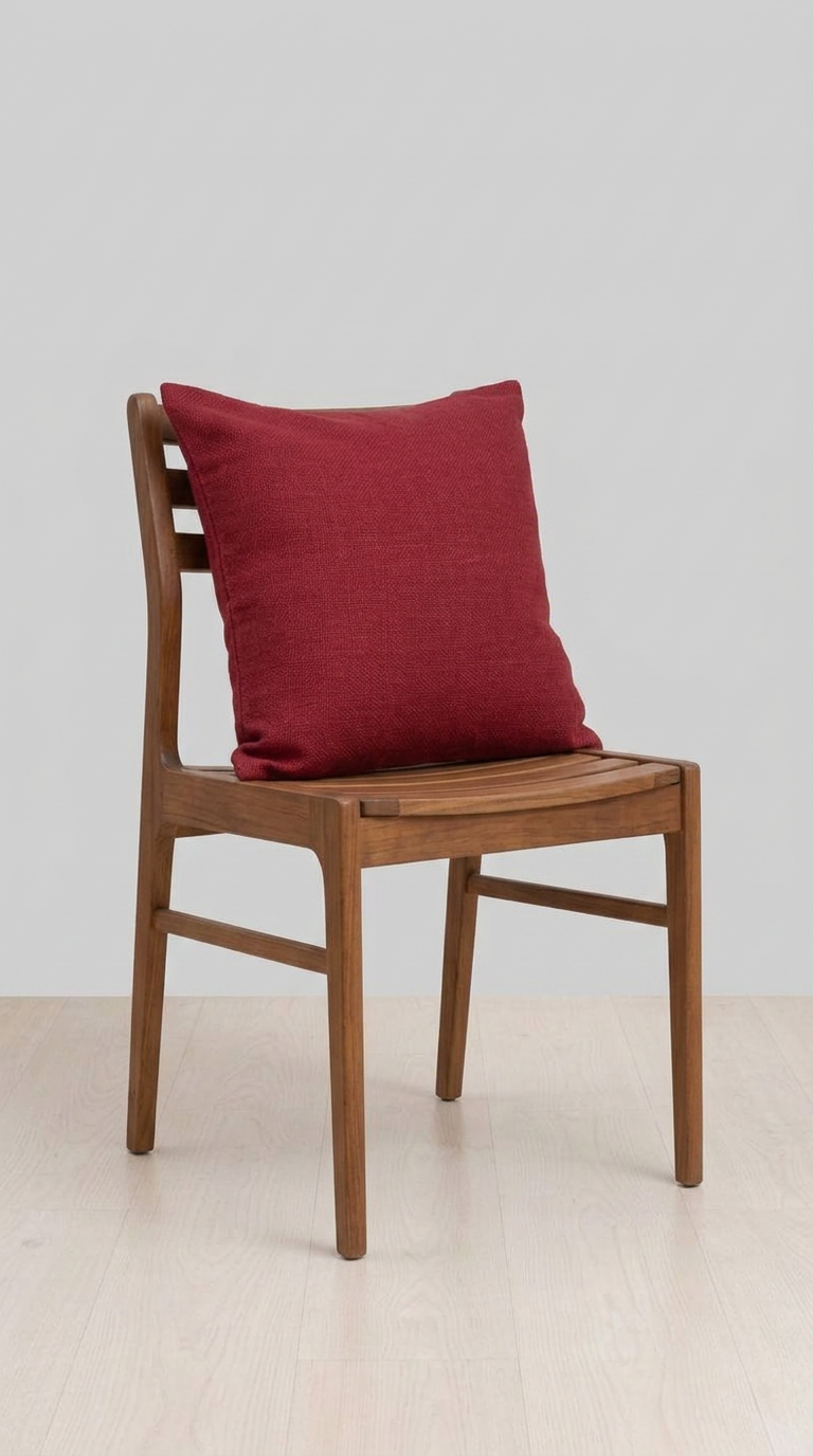 Burgundy textured cushion placed on a wooden chair, clean minimal styling, light grey background.png