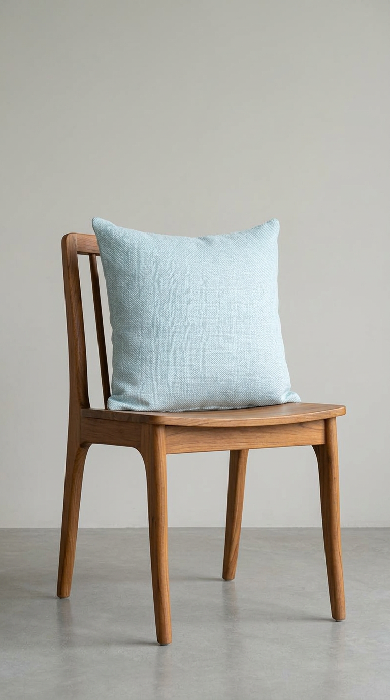 Light blue textured cushion placed on a wooden chair, clean minimal styling, light grey background.png