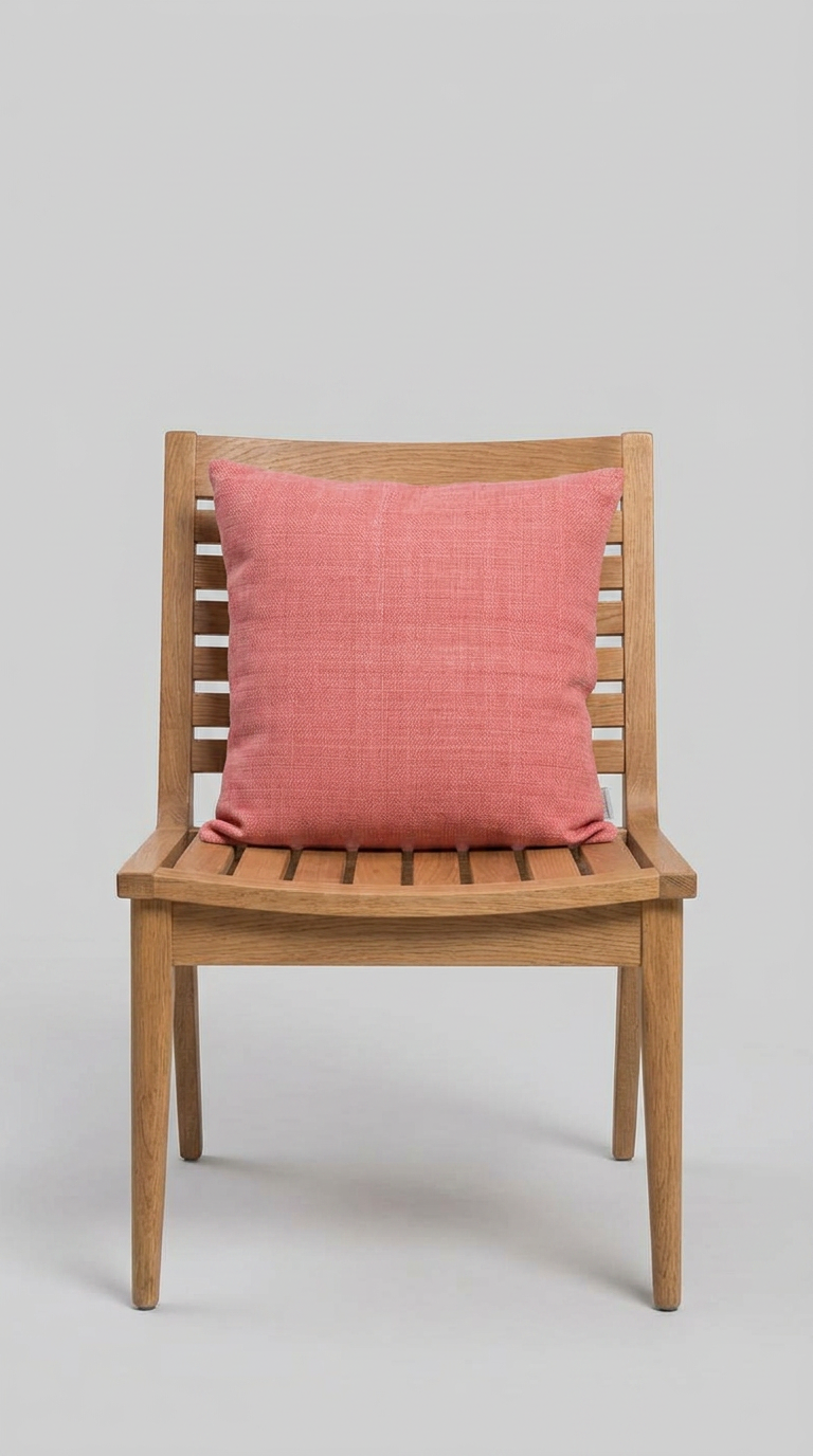 Coral pink textured cushion placed on a wooden chair, clean minimal styling, light grey background.png