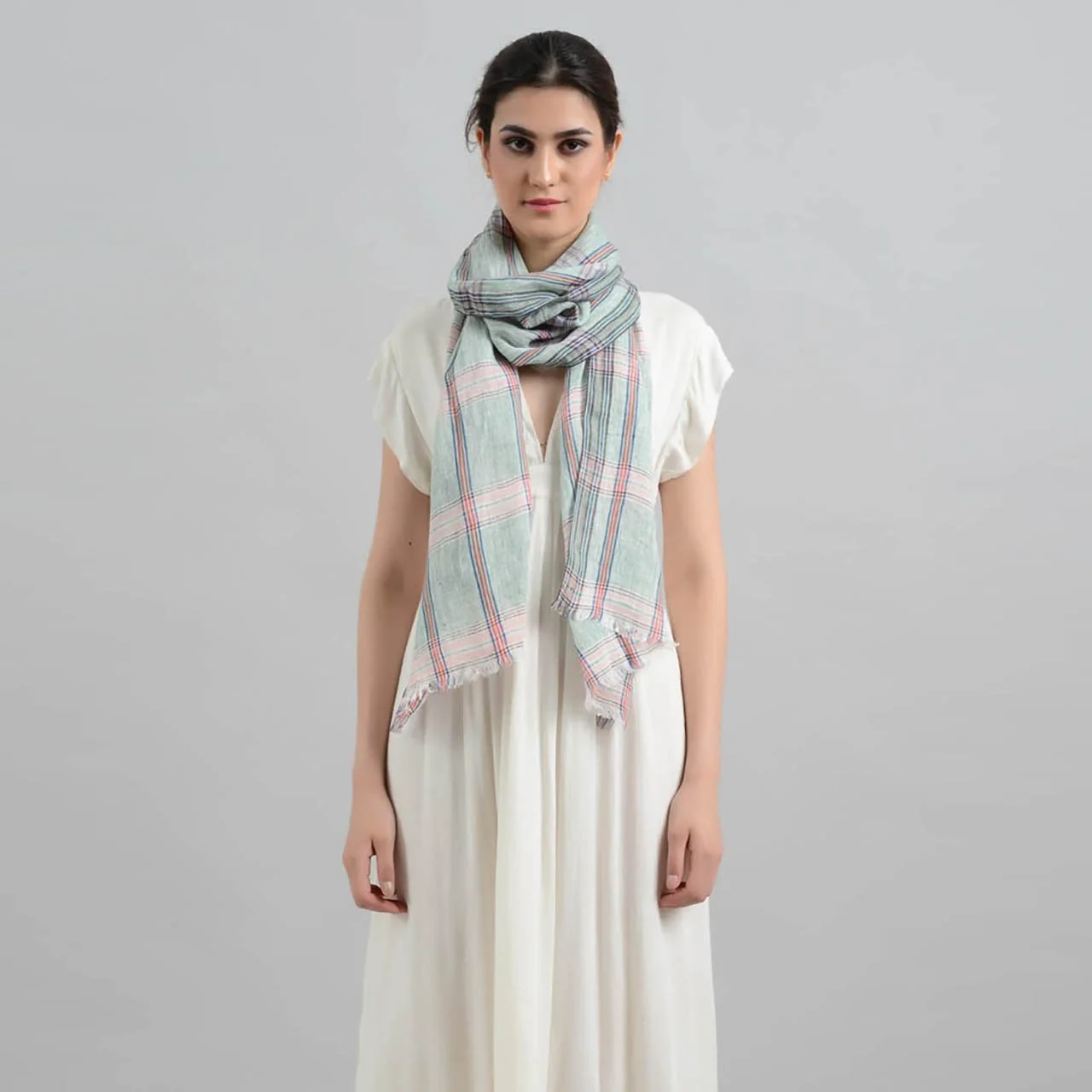 Mint Check Handwoven Linen Scarf