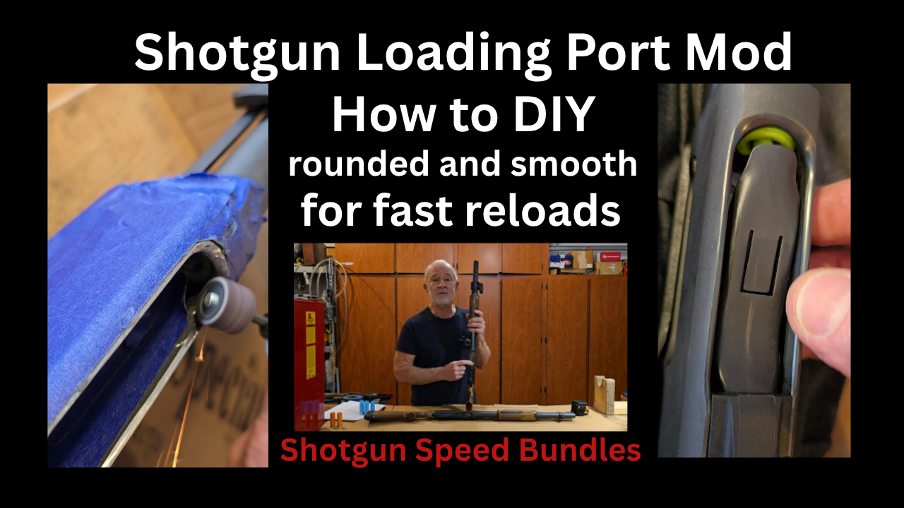 Thumbnail for a tutorial on how to DIY modify a shotgun loading port for fast reloads, featuring images of a firearm and a person demonstrating the process.