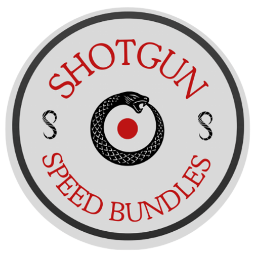 A circular logo for Shotgun Sped Bundles featuring a black snake coiled around a red target with a white center, surrounded by the text 'SHOTGUN SPEED BUNDLES' in red.