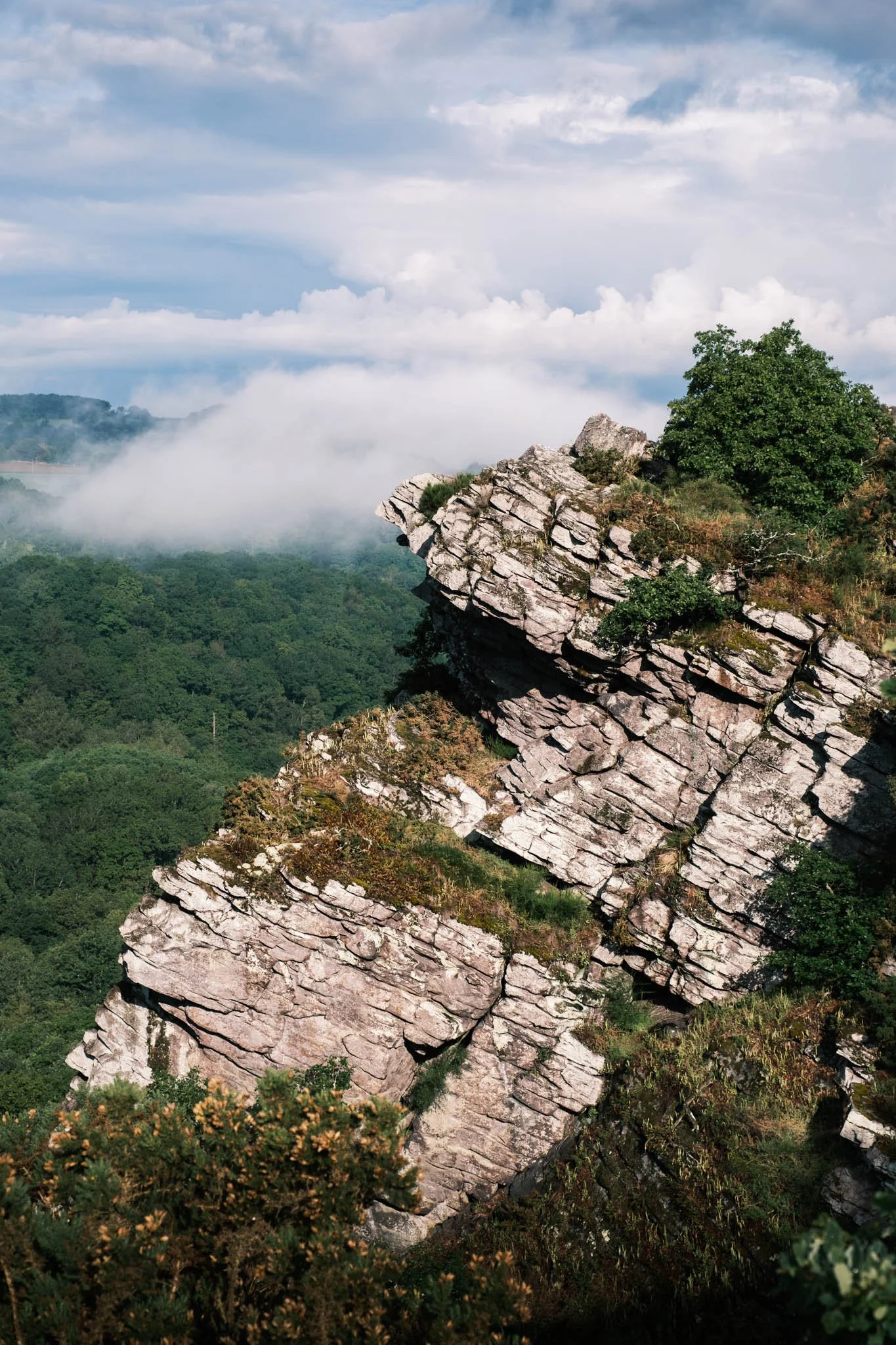 Suisse Normande - Montagne rocheuse avec verdure, arbres et brouillard dans la vallée, ciel nuageux.