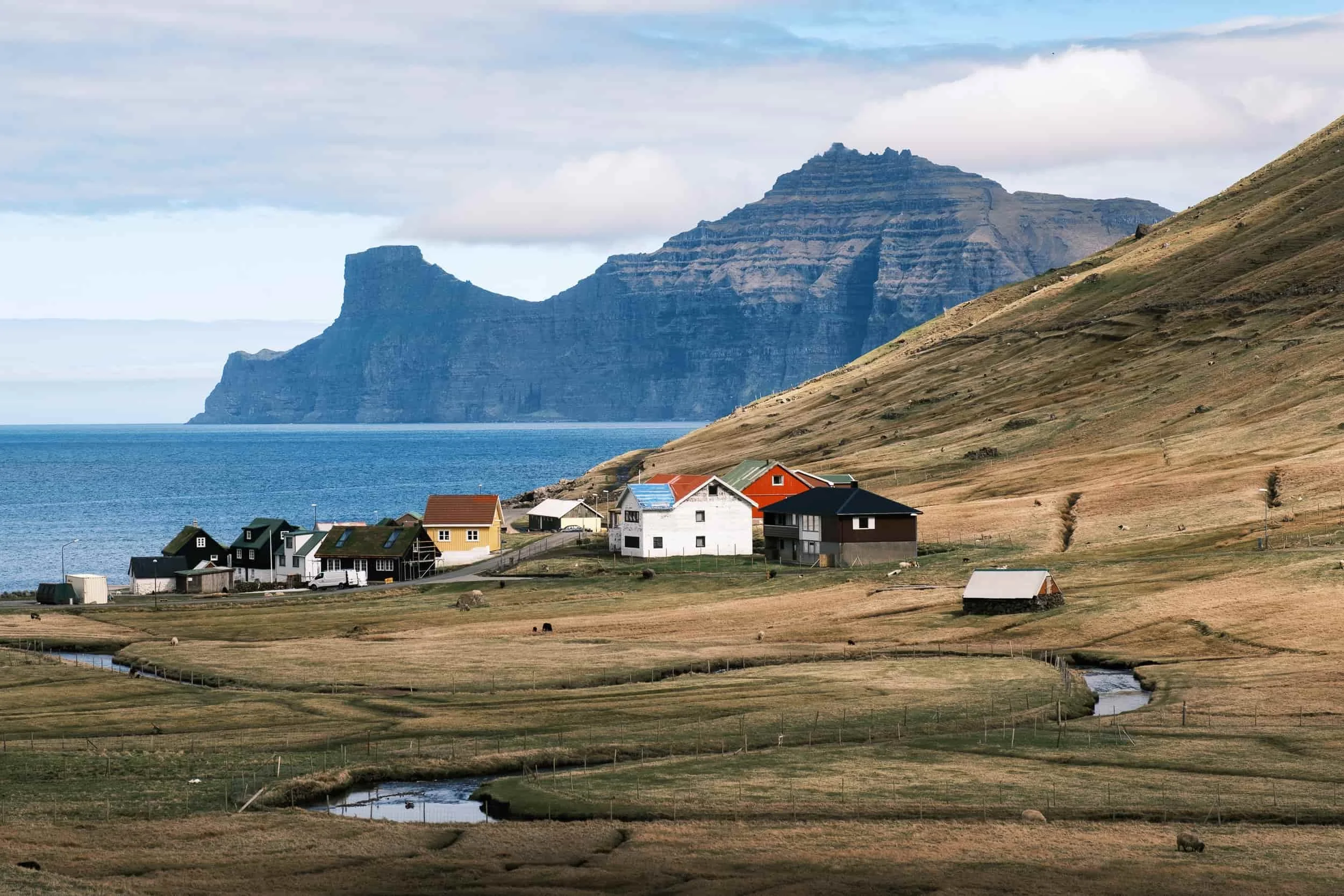 Vue d'un village au bord de la côte aux Iles Feroé - Desination nordique et calme, toursime durable